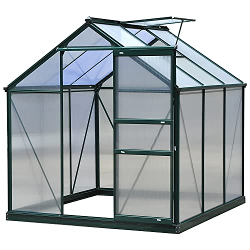 Outsunny 6 x 6ft Polycarbonate Greenhouse, Large Walk-In Green House with Slide Door and Window, Garden Plants Grow House with Aluminium Frame and Foundation, Dark Green