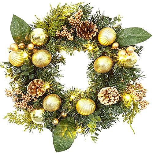 Adeeing Christmas Wreath 45 cm Door Wreath Christmas with 15 LEDs, Christmas Garland with Christmas Baubles Pine Cones Berry for Front Door, Fireplace and Wall Decoration - Golden