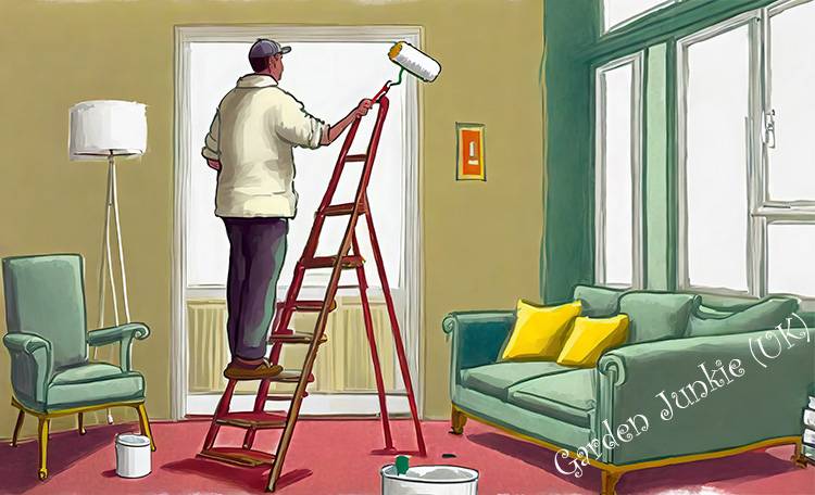Home Decor - Man stanging on a step ladder with a paint roller in hand